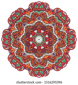 Mandala, tracery wheel mehndi design. Ethnic ornament, colorful doodle symmetry texture. Folk traditional spiritual tribal design. Curved shape, isolated on white. Color art. Vector