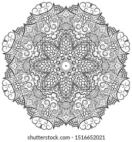 Mandala, tracery wheel mehndi design. Ethnic ornament, doodle symmetry texture. Folk traditional spiritual tribal design. Curved shape, isolated on white. Binary monochrome black and white art. Vector