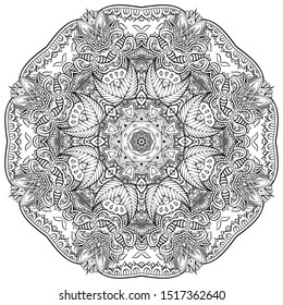 Mandala, tracery wheel mehndi design. Ethnic ornament, doodle symmetry texture. Folk traditional spiritual tribal design. Curved shape, isolated on white. Binary monochrome black and white art. Vector