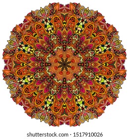 Mandala, tracery wheel mehndi design. Ethnic ornament, colorful doodle symmetry texture. Folk traditional spiritual tribal design. Curved shape, isolated on white. Color art. Vector