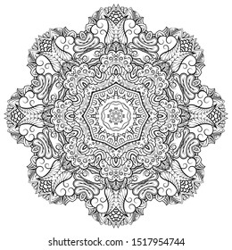 Mandala, tracery wheel mehndi design. Ethnic ornament, doodle symmetry texture. Folk traditional spiritual tribal design. Curved shape, isolated on white. Binary monochrome black and white art. Vector