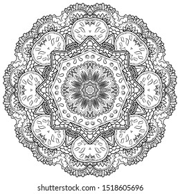 Mandala, tracery wheel mehndi design. Ethnic ornament, doodle symmetry texture. Folk traditional spiritual tribal design. Curved shape, isolated on white. Binary monochrome black and white art. Vector
