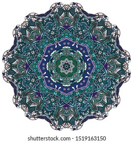 Mandala, tracery wheel mehndi design. Ethnic ornament, colorful doodle symmetry texture. Folk traditional spiritual tribal design. Curved shape, isolated on white. Color art. Vector