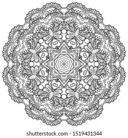 Mandala, tracery wheel mehndi design. Ethnic ornament, doodle symmetry texture. Folk traditional spiritual tribal design. Curved shape, isolated on white. Binary monochrome black and white art. Vector
