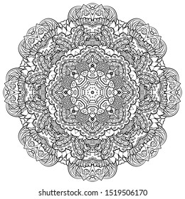Mandala, tracery wheel mehndi design. Ethnic ornament, doodle symmetry texture. Folk traditional spiritual tribal design. Curved shape, isolated on white. Binary monochrome black and white art. Vector