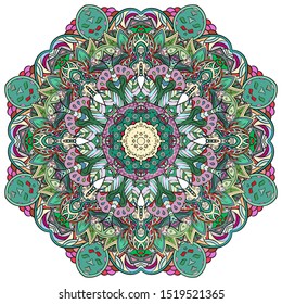 Mandala, tracery wheel mehndi design. Ethnic ornament, colorful doodle symmetry texture. Folk traditional spiritual tribal design. Curved shape, isolated on white. Color art. Vector