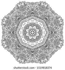 Mandala, tracery wheel mehndi design. Ethnic ornament, doodle symmetry texture. Folk traditional spiritual tribal design. Curved shape, isolated on white. Binary monochrome black and white art. Vector