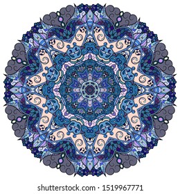Mandala, tracery wheel mehndi design. Ethnic ornament, colorful doodle symmetry texture. Folk traditional spiritual tribal design. Curved shape, isolated on white. Color art. Vector