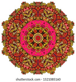 Mandala, tracery wheel mehndi design. Ethnic ornament, colorful doodle symmetry texture. Folk traditional spiritual tribal design. Curved shape, isolated on white. Color art. Vector