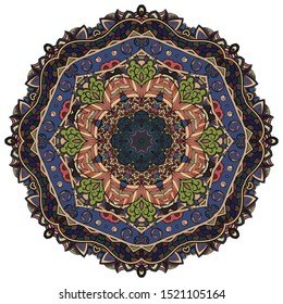 Mandala, tracery wheel mehndi design. Ethnic ornament, colorful doodle symmetry texture. Folk traditional spiritual tribal design. Curved shape, isolated on white. Color art. Vector