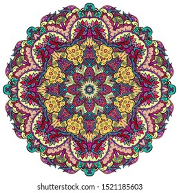 Mandala, tracery wheel mehndi design. Ethnic ornament, colorful doodle symmetry texture. Folk traditional spiritual tribal design. Curved shape, isolated on white. Color art. Vector