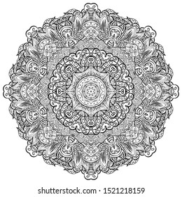 Mandala, tracery wheel mehndi design. Ethnic ornament, doodle symmetry texture. Folk traditional spiritual tribal design. Curved shape, isolated on white. Binary monochrome black and white art. Vector