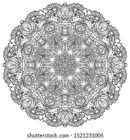 Mandala, tracery wheel mehndi design. Ethnic ornament, doodle symmetry texture. Folk traditional spiritual tribal design. Curved shape, isolated on white. Binary monochrome black and white art. Vector