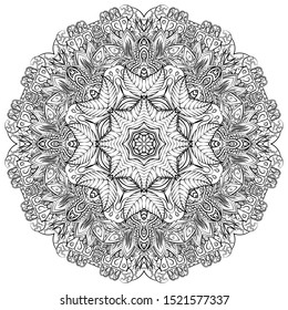 Mandala, tracery wheel mehndi design. Ethnic ornament, doodle symmetry texture. Folk traditional spiritual tribal design. Curved shape, isolated on white. Binary monochrome black and white art. Vector