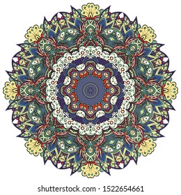 Mandala, tracery wheel mehndi design. Ethnic ornament, colorful doodle symmetry texture. Folk traditional spiritual tribal design. Curved shape, isolated on white. Color art. Vector