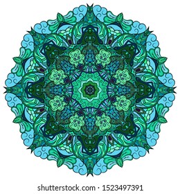 Mandala, tracery wheel mehndi design. Ethnic ornament, colorful doodle symmetry texture. Folk traditional spiritual tribal design. Curved shape, isolated on white. Color art. Vector