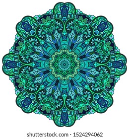 Mandala, tracery wheel mehndi design. Ethnic ornament, colorful doodle symmetry texture. Folk traditional spiritual tribal design. Curved shape, isolated on white. Color art. Vector