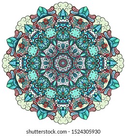 Mandala, tracery wheel mehndi design. Ethnic ornament, colorful doodle symmetry texture. Folk traditional spiritual tribal design. Curved shape, isolated on white. Color art. Vector