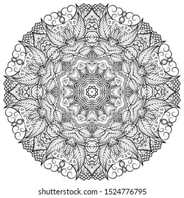 Mandala, tracery wheel mehndi design. Ethnic ornament, doodle symmetry texture. Folk traditional spiritual tribal design. Curved shape, isolated on white. Binary monochrome black and white art. Vector