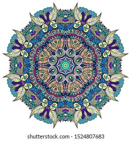 Mandala, tracery wheel mehndi design. Ethnic ornament, colorful doodle symmetry texture. Folk traditional spiritual tribal design. Curved shape, isolated on white. Color art. Vector