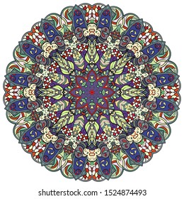 Mandala, tracery wheel mehndi design. Ethnic ornament, colorful doodle symmetry texture. Folk traditional spiritual tribal design. Curved shape, isolated on white. Color art. Vector