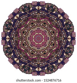 Mandala, tracery wheel mehndi design. Ethnic ornament, colorful doodle symmetry texture. Folk traditional spiritual tribal design. Curved shape, isolated on white. Color art. Vector