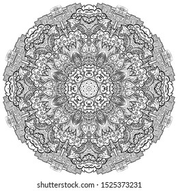 Mandala, tracery wheel mehndi design. Ethnic ornament, doodle symmetry texture. Folk traditional spiritual tribal design. Curved shape, isolated on white. Binary monochrome black and white art. Vector