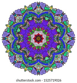 Mandala, tracery wheel mehndi design. Ethnic ornament, colorful doodle symmetry texture. Folk traditional spiritual tribal design. Curved shape, isolated on white. Color art. Vector
