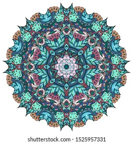 Mandala, tracery wheel mehndi design. Ethnic ornament, colorful doodle symmetry texture. Folk traditional spiritual tribal design. Curved shape, isolated on white. Color art. Vector
