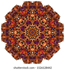 Mandala, tracery wheel mehndi design. Ethnic ornament, colorful doodle symmetry texture. Folk traditional spiritual tribal design. Curved shape, isolated on white. Color art. Vector