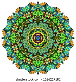 Mandala, tracery wheel mehndi design. Ethnic ornament, colorful doodle symmetry texture. Folk traditional spiritual tribal design. Curved shape, isolated on white. Color art. Vector