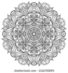 Mandala, tracery wheel mehndi design. Ethnic ornament, doodle symmetry texture. Folk traditional spiritual tribal design. Curved shape, isolated on white. Binary monochrome black and white art. Vector