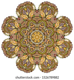 Mandala, tracery wheel mehndi design. Ethnic ornament, colorful doodle symmetry texture. Folk traditional spiritual tribal design. Curved shape, isolated on white. Color art. Vector