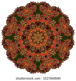 Mandala, tracery wheel mehndi design. Ethnic ornament, colorful doodle symmetry texture. Folk traditional spiritual tribal design. Curved shape, isolated on white. Color art. Vector