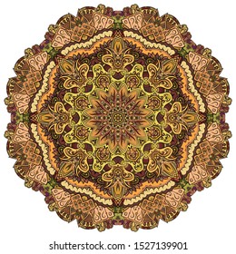 Mandala, tracery wheel mehndi design. Ethnic ornament, colorful doodle symmetry texture. Folk traditional spiritual tribal design. Curved shape, isolated on white. Color art. Vector