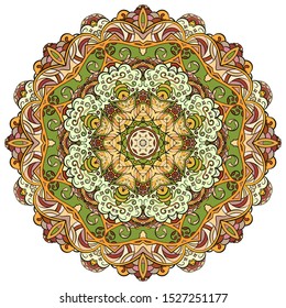 Mandala, tracery wheel mehndi design. Ethnic ornament, colorful doodle symmetry texture. Folk traditional spiritual tribal design. Curved shape, isolated on white. Color art. Vector