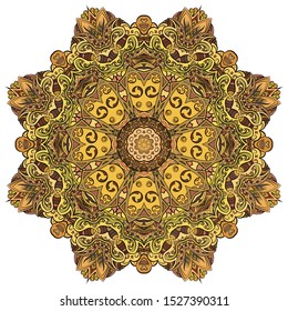 Mandala, tracery wheel mehndi design. Ethnic ornament, colorful doodle symmetry texture. Folk traditional spiritual tribal design. Curved shape, isolated on white. Color art. Vector