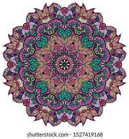 Mandala, tracery wheel mehndi design. Ethnic ornament, colorful doodle symmetry texture. Folk traditional spiritual tribal design. Curved shape, isolated on white. Color art. Vector
