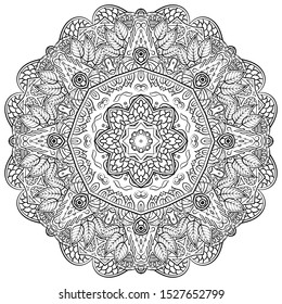 Mandala, tracery wheel mehndi design. Ethnic ornament, doodle symmetry texture. Folk traditional spiritual tribal design. Curved shape, isolated on white. Binary monochrome black and white art. Vector
