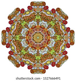 Mandala, tracery wheel mehndi design. Ethnic ornament, colorful doodle symmetry texture. Folk traditional spiritual tribal design. Curved shape, isolated on white. Color art. Vector