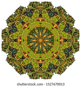 Mandala, tracery wheel mehndi design. Ethnic ornament, colorful doodle symmetry texture. Folk traditional spiritual tribal design. Curved shape, isolated on white. Color art. Vector