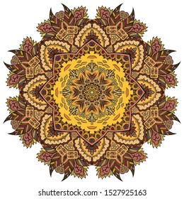 Mandala, tracery wheel mehndi design. Ethnic ornament, colorful doodle symmetry texture. Folk traditional spiritual tribal design. Curved shape, isolated on white. Color art. Vector