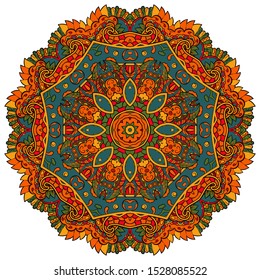 Mandala, tracery wheel mehndi design. Ethnic ornament, colorful doodle symmetry texture. Folk traditional spiritual tribal design. Curved shape, isolated on white. Color art. Vector