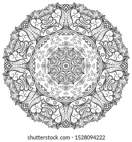 Mandala, tracery wheel mehndi design. Ethnic ornament, doodle symmetry texture. Folk traditional spiritual tribal design. Curved shape, isolated on white. Binary monochrome black and white art. Vector