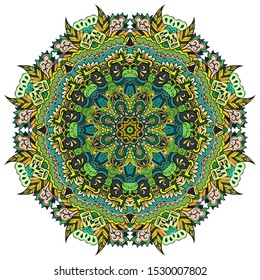 Mandala, tracery wheel mehndi design. Ethnic ornament, colorful doodle symmetry texture. Folk traditional spiritual tribal design. Curved shape, isolated on white. Color art. Vector