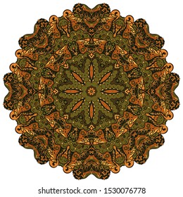 Mandala, tracery wheel mehndi design. Ethnic ornament, colorful doodle symmetry texture. Folk traditional spiritual tribal design. Curved shape, isolated on white. Color art. Vector