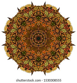 Mandala, tracery wheel mehndi design. Ethnic ornament, colorful doodle symmetry texture. Folk traditional spiritual tribal design. Curved shape, isolated on white. Color art. Vector