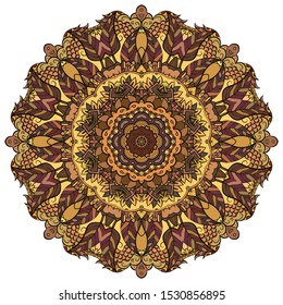 Mandala, tracery wheel mehndi design. Ethnic ornament, colorful doodle symmetry texture. Folk traditional spiritual tribal design. Curved shape, isolated on white. Color art. Vector