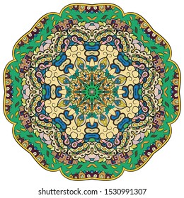 Mandala, tracery wheel mehndi design. Ethnic ornament, colorful doodle symmetry texture. Folk traditional spiritual tribal design. Curved shape, isolated on white. Color art. Vector