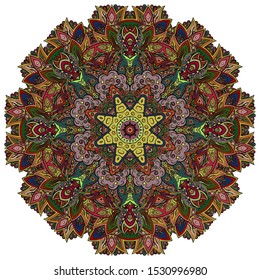 Mandala, tracery wheel mehndi design. Ethnic ornament, colorful doodle symmetry texture. Folk traditional spiritual tribal design. Curved shape, isolated on white. Color art. Vector